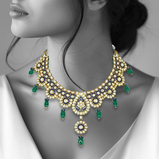 Blue Enamel Polki Necklace with Floral Pendant and Emerald Drops